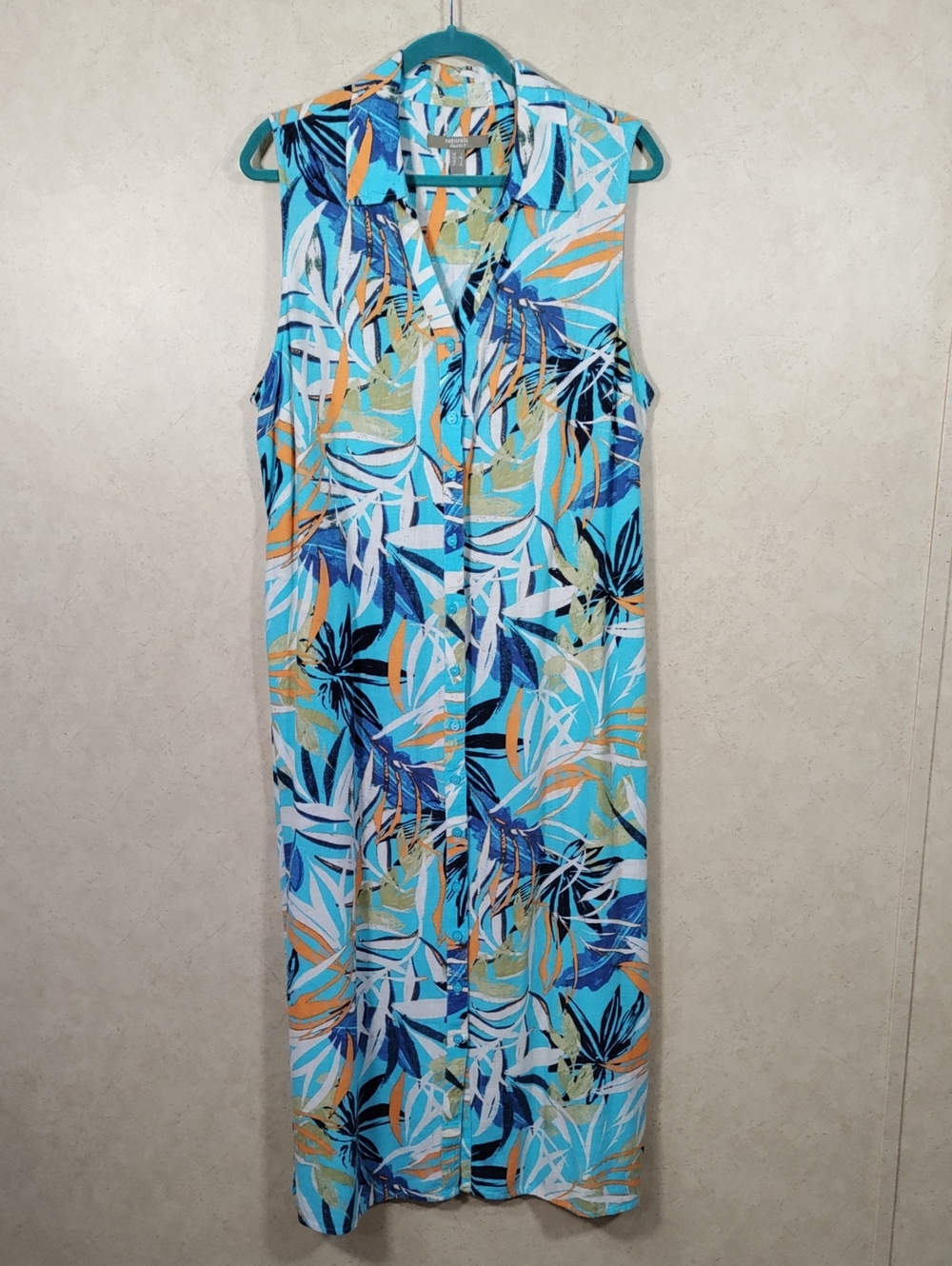 I131 D & Co Turquoise Tropical Print Shirt Dress L